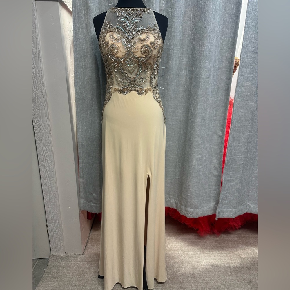 Vintage Beaded Illusion Halter Prom Dress in Champagne